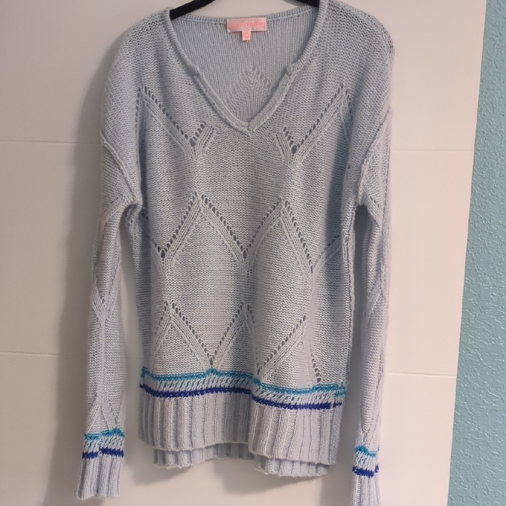 Lisa Todd Summer Softie Light Blue V-Neck Knit Cashmere Sweater Stripe Detail M